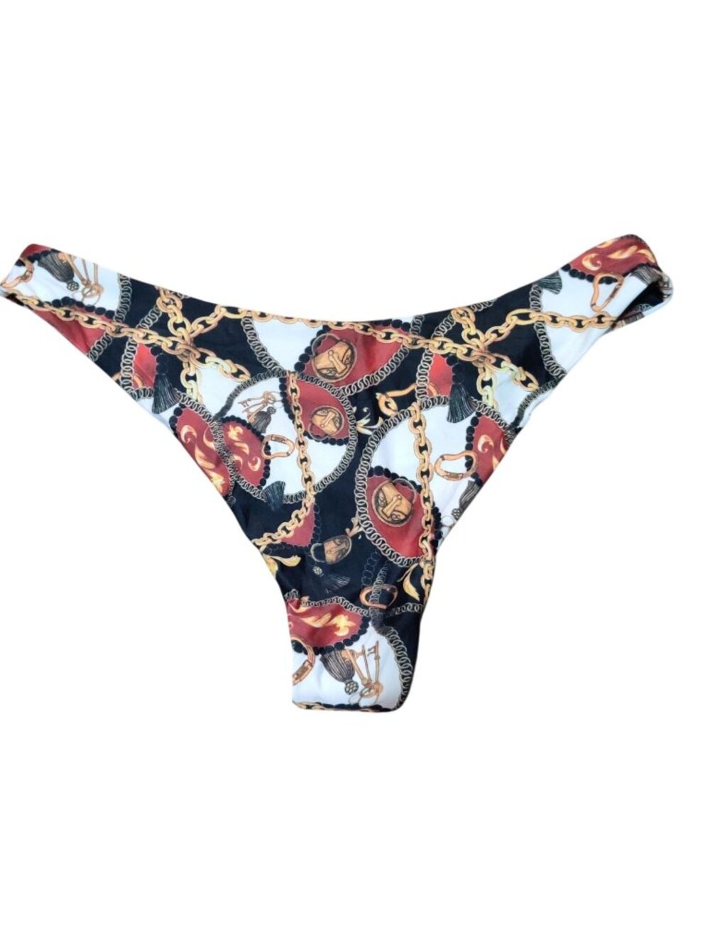 Zaful Bikini Bottom Sz M Black Red Gold Chain Print Low Rise Cheeky Baroque Sexy